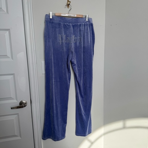 Playboy old English y2k Blue Velour Pants with Logo and rhinestone XL periwinkle - Picture 2 of 8